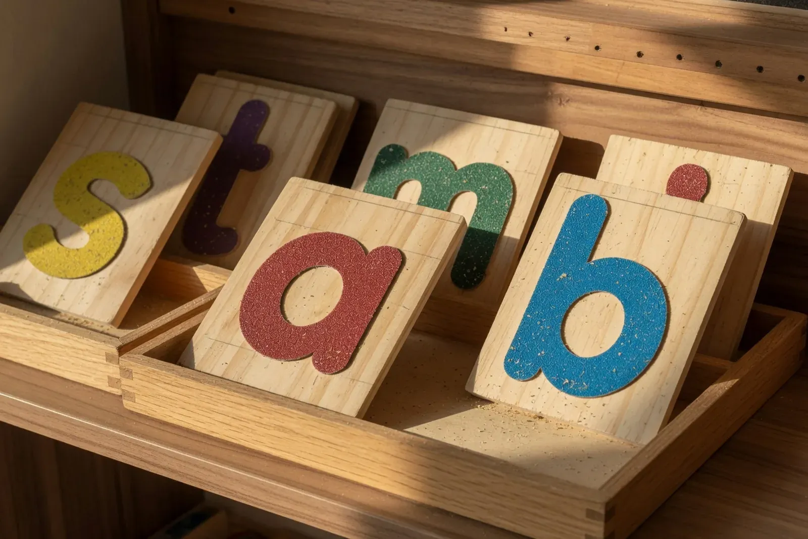 Moveable alphabet letters arranged on a classroom mat