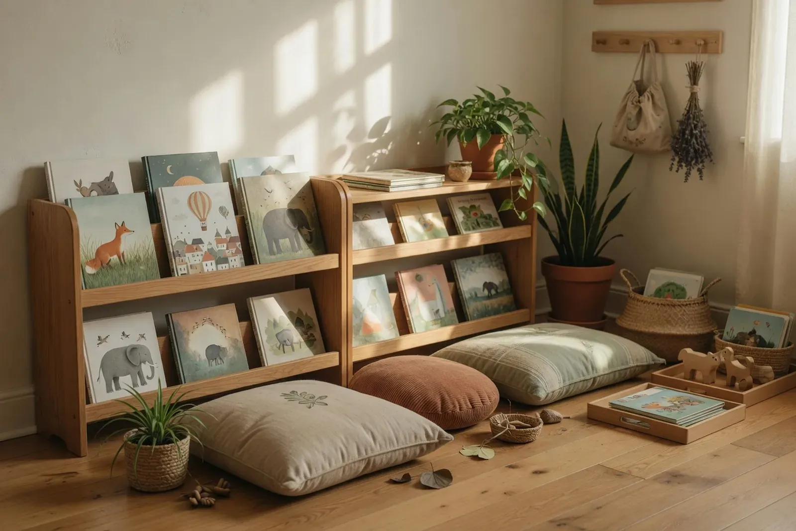 Child-sized shelf with neatly arranged home activity materials