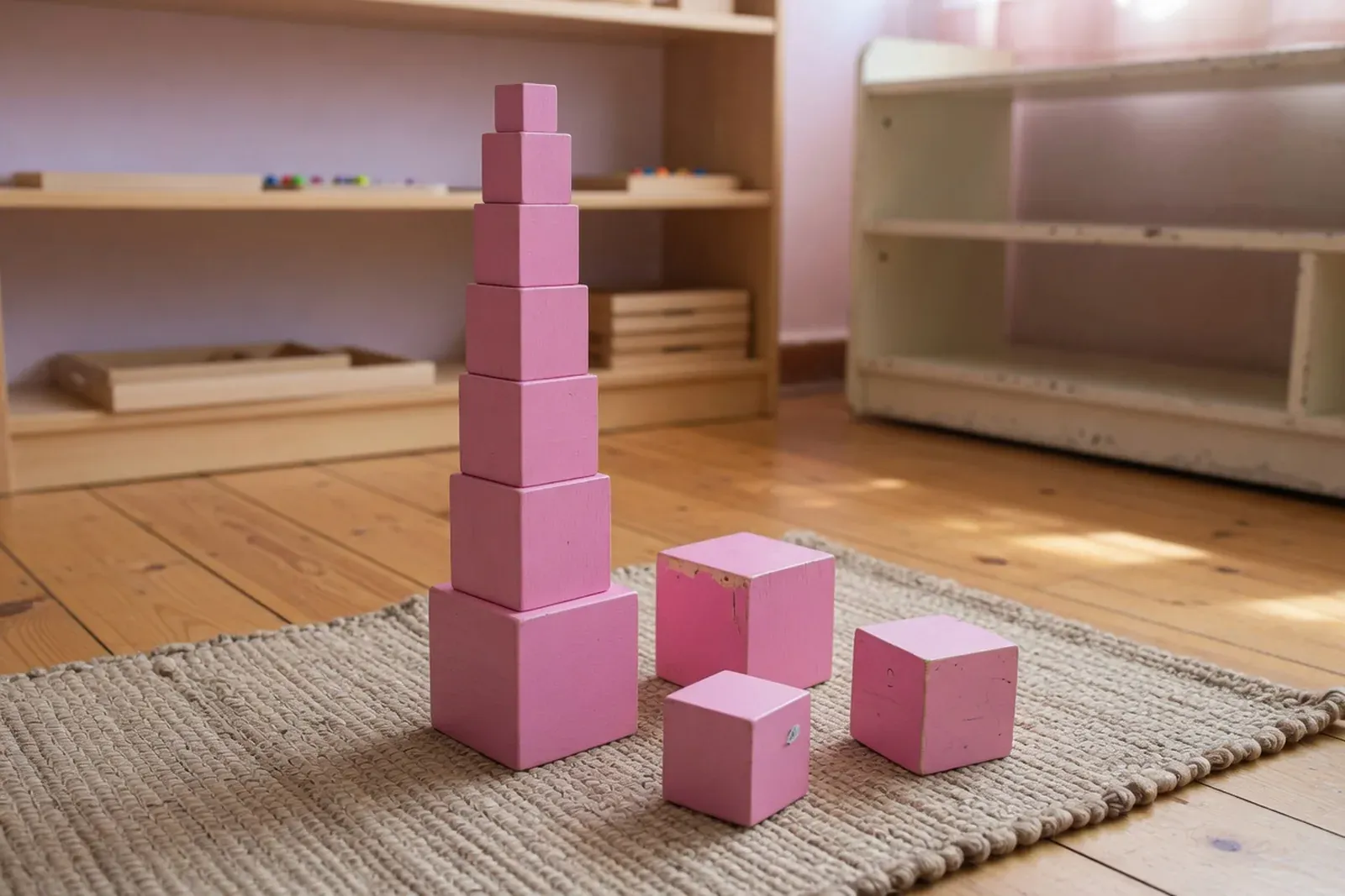 Montessori materials organized on open wooden shelves
