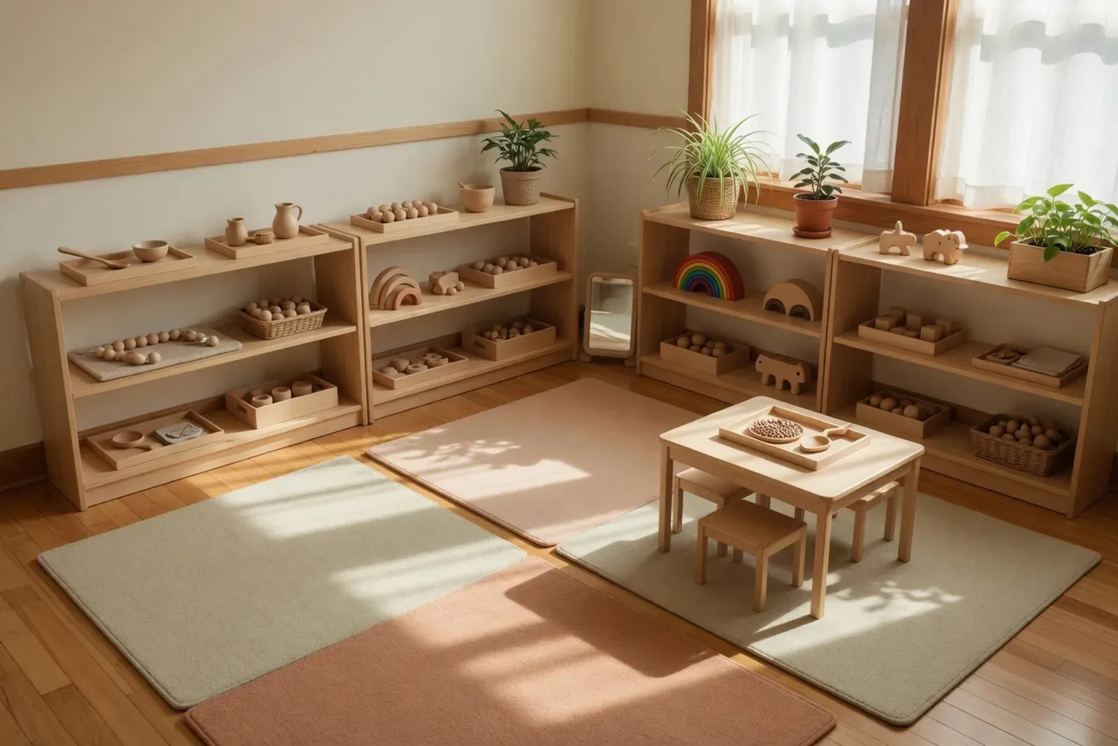 Toddler placing a small object on a classroom shelf