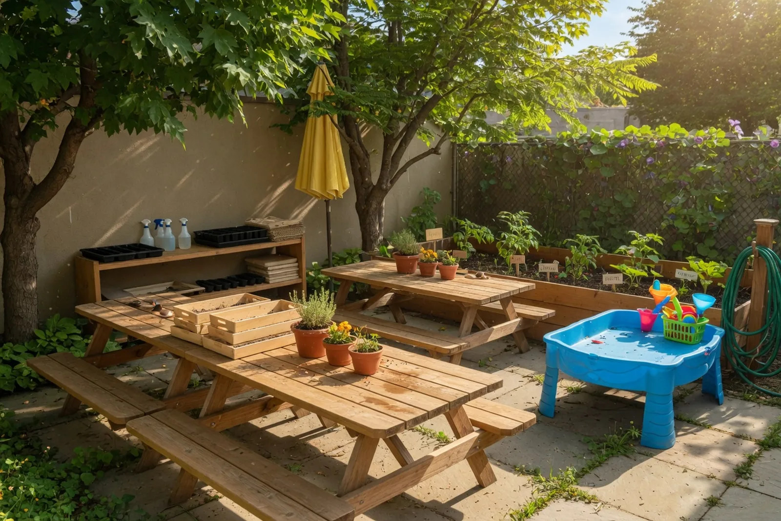 Raised garden beds and children's watering cans in the school garden
