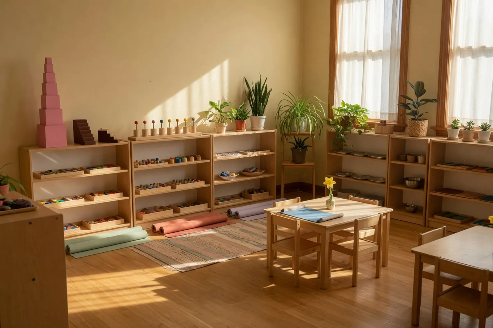 A primary Montessori classroom with low shelves, work mats, and materials in order