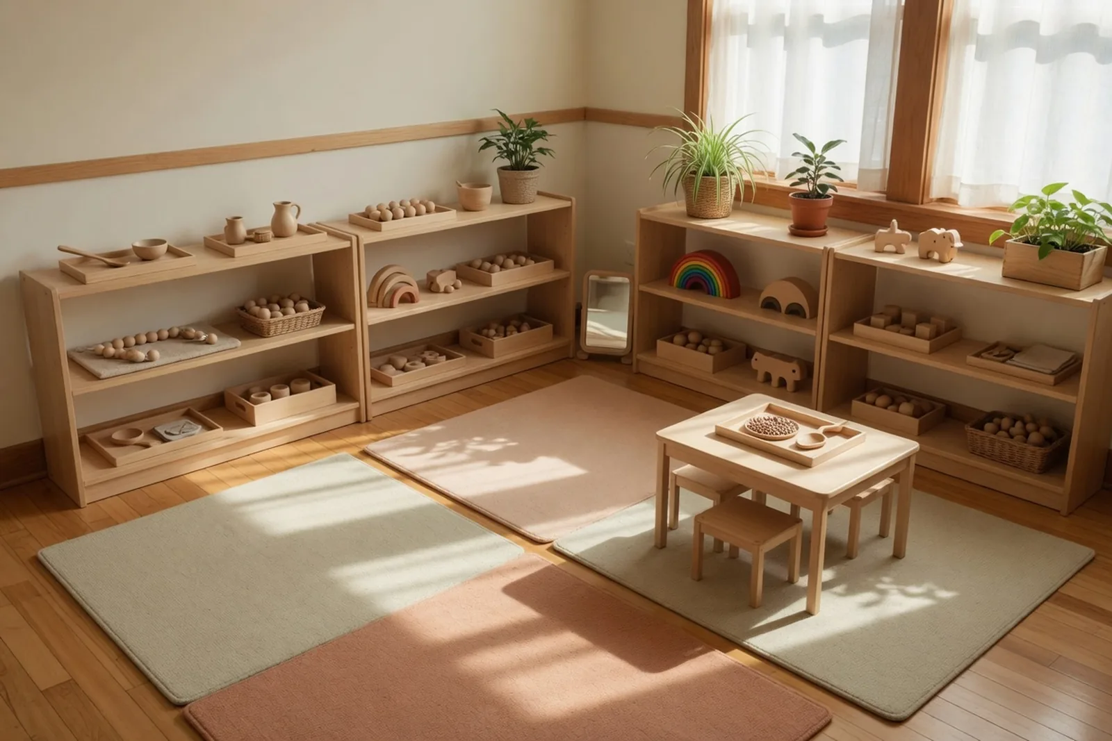 Low shelves, a child-sized table, and practical life trays in the toddler classroom