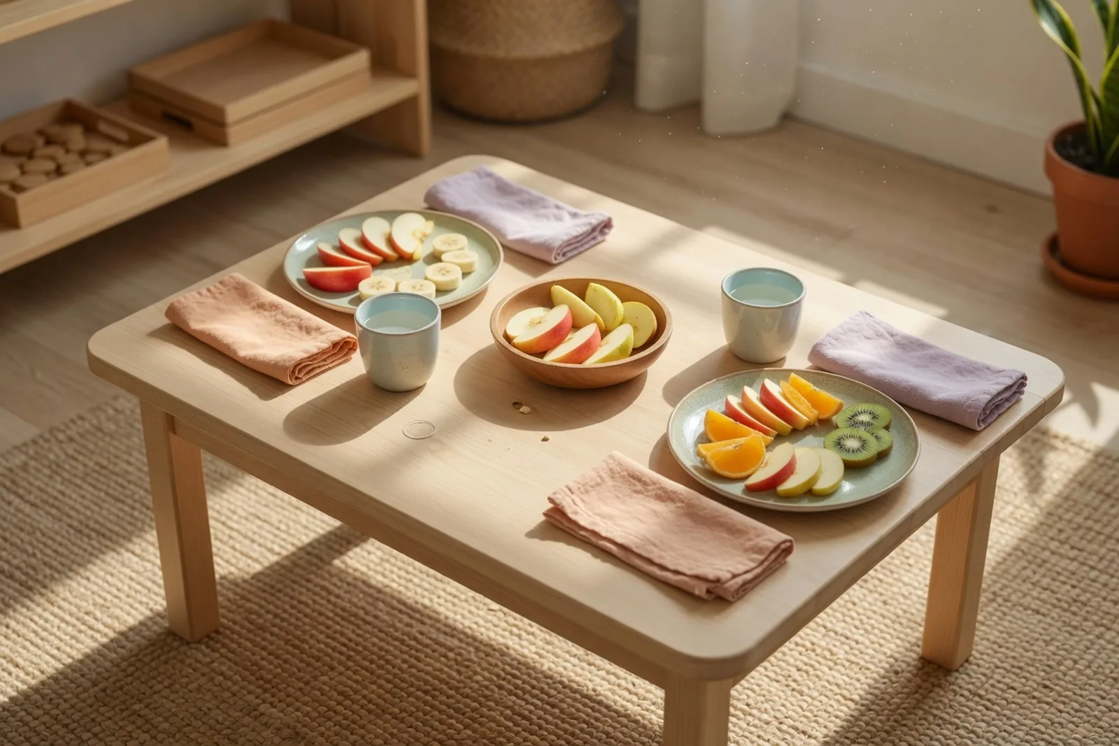 A two-seat snack table set with a small pitcher, cups, and sliced fruit