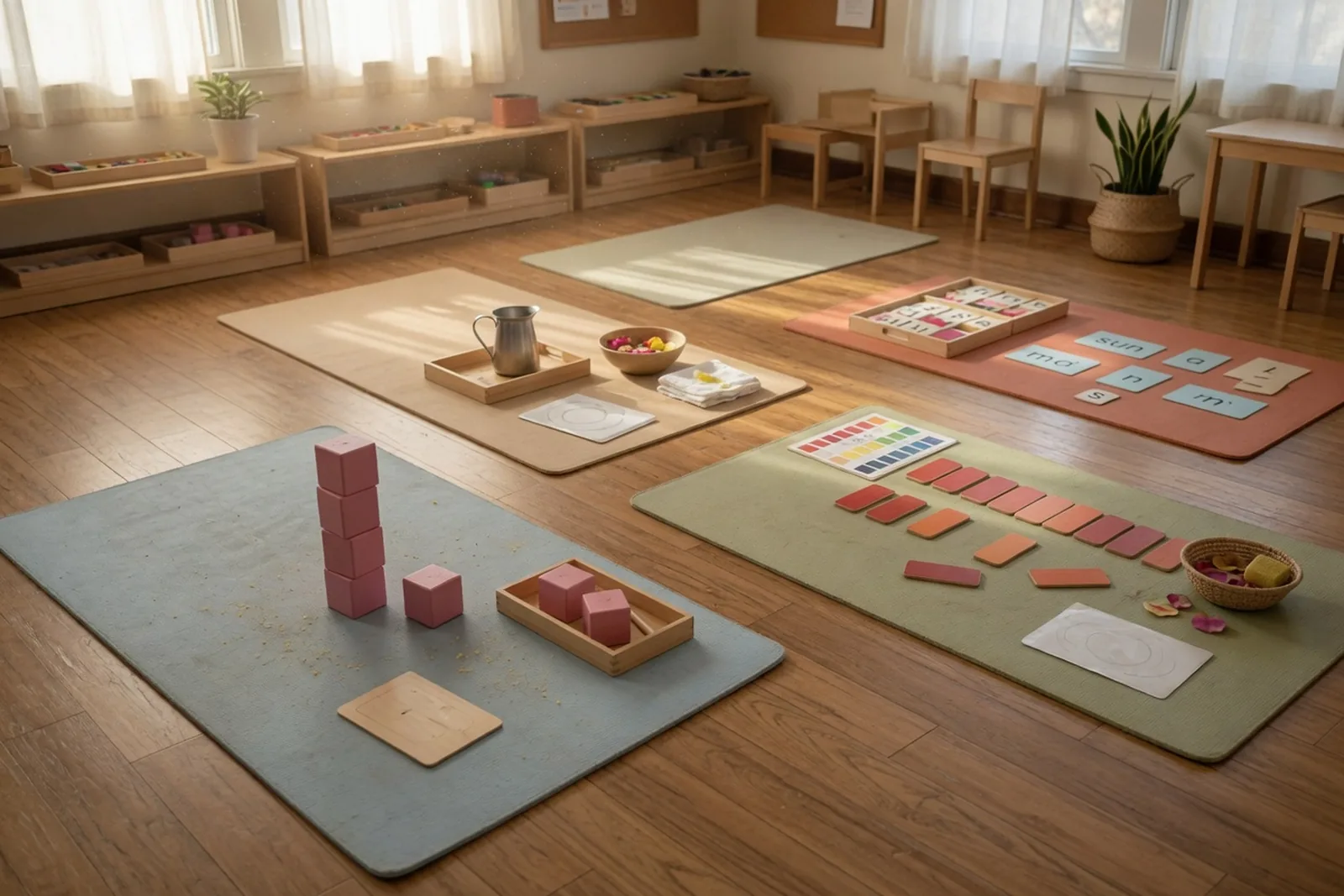 Work mats and materials out during the morning work cycle
