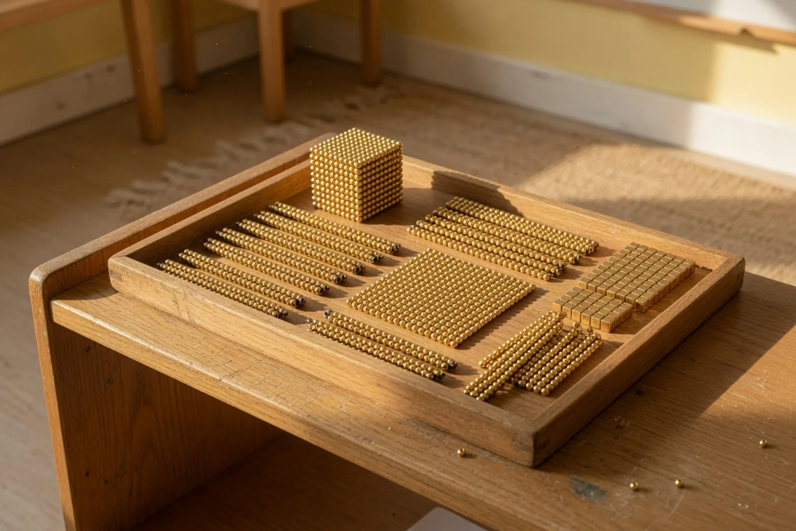 Golden bead material arranged for decimal system work