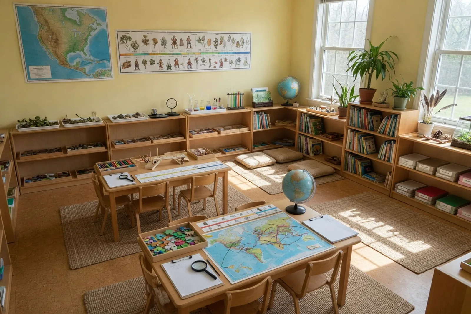 Elementary classroom with research materials and maps on wooden shelves