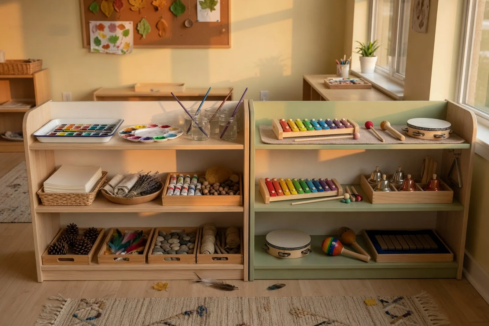Art shelf with supplies arranged in baskets and trays