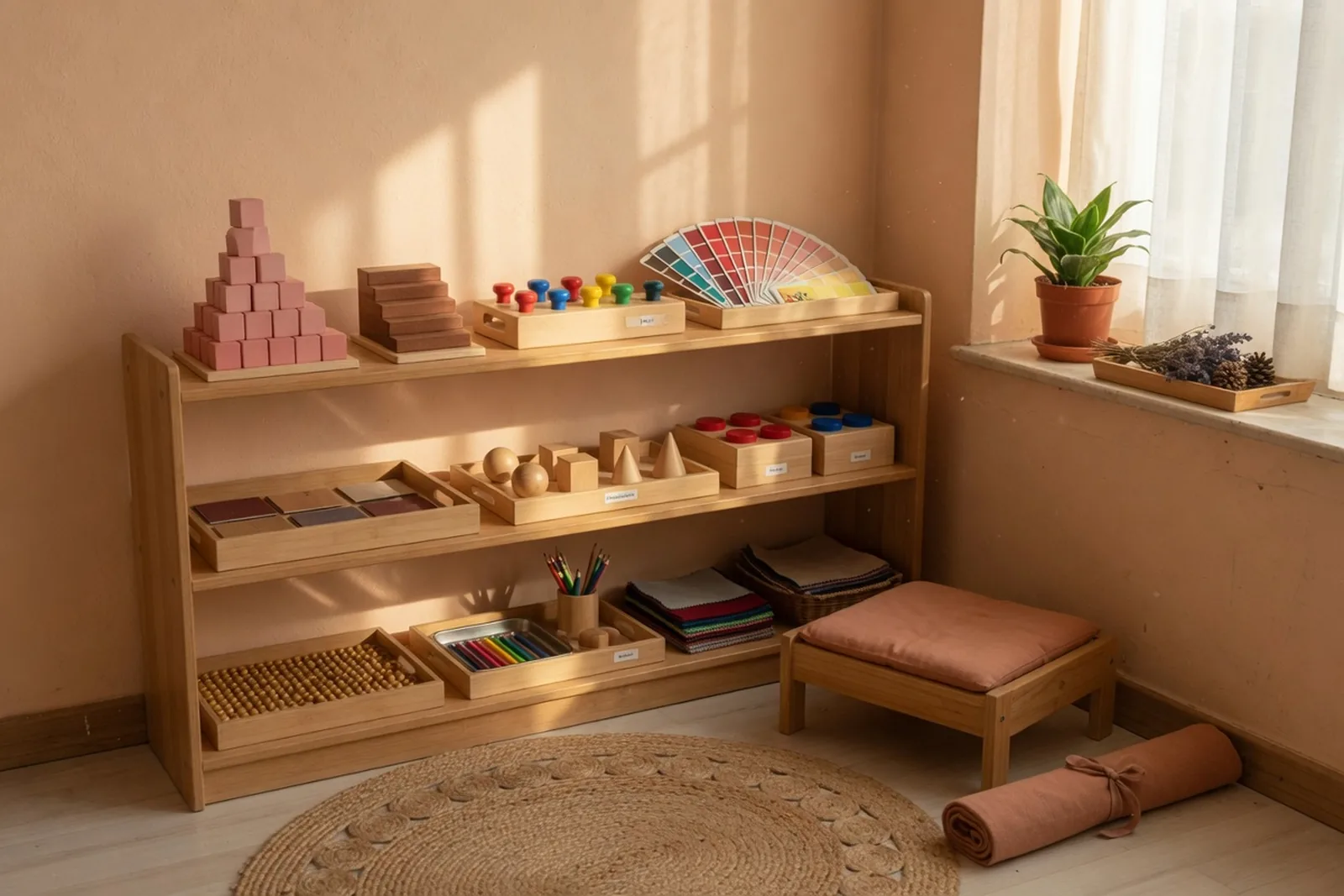 Golden bead materials laid out on a work mat, backdrop for a kindergarten family's story